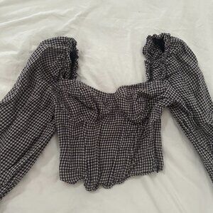 Navy Gingham Plaid Blouse Top